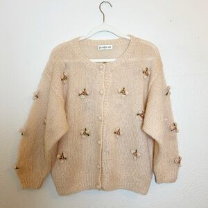 Light Pink Cottagecore Cardigan Fits Large Crochet Cabin Floral Rosettes